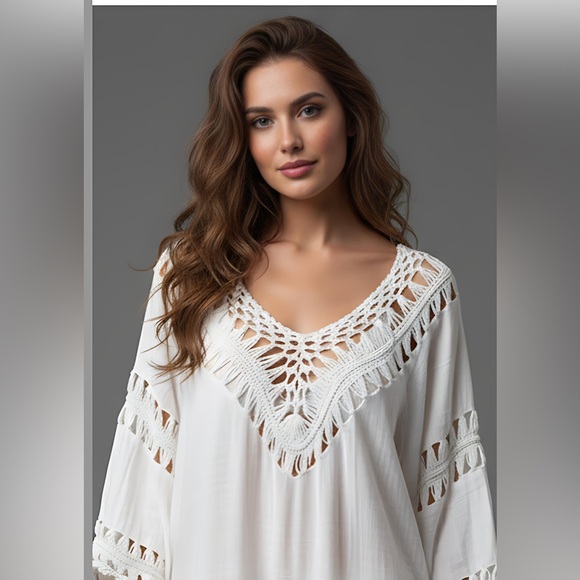 Boho Crochet Fringe Hem Cover Up Dress White - Picture 4 of 8